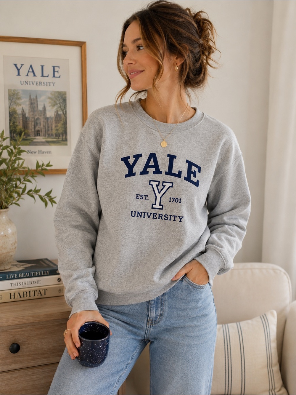 Yale University Grey Crewneck Sweatshirt Navy Logo Pullover Medium